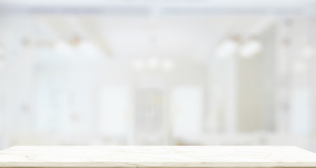 Empty marble top table  with blurred bathroom interior Bckground. for product display montage.