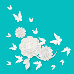Flora origami elements of luxury white flower and tropical butterflies
