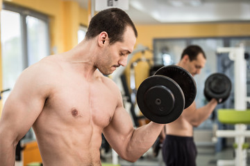 Fototapeta na wymiar bodybuilder man doing biceps exercise with dumbbell in fitness club