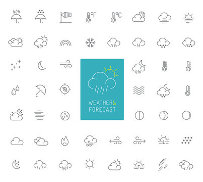 50 Weather And Forecast Thin Line Icons