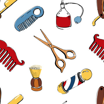 Hand drawn barbershop seamless with accessories: comb, razor, shaving brush, scissors, barber's pole and bottle spray. Colorful vector illustration pattern on white background.