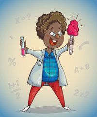African boy scientist surprised by discovery. Cartoon character. Vector illustration