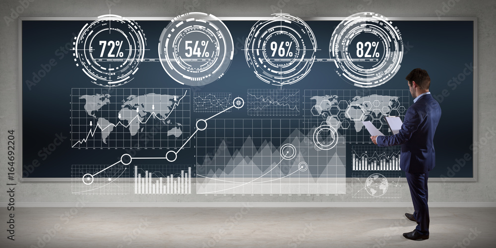 Poster Businessman using graph screens interface on a board 3D rendering
