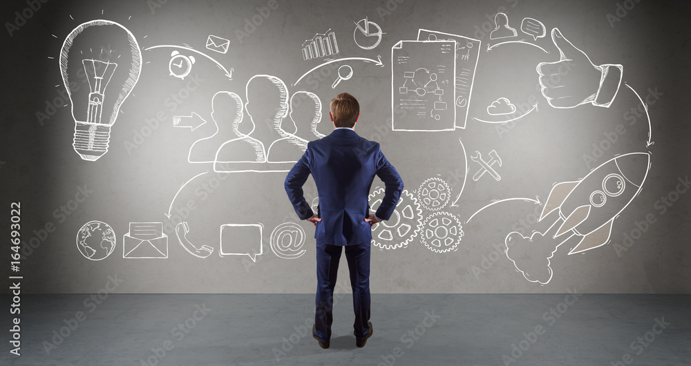 Poster businessman watching a project sketch on a wall 3d rendering