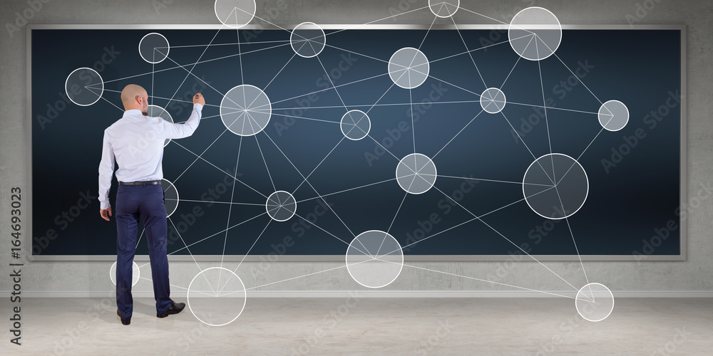 Aufkleber businessman using social network interface on a board 3d rendering