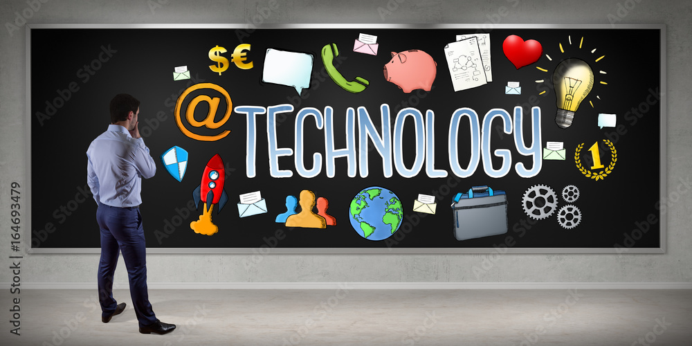 Poster businessman watching technology sketch on a board 3d rendering