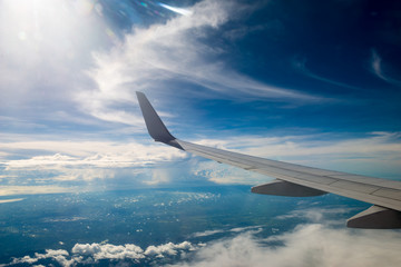 airplane wing with beautiful sky above the clouds
