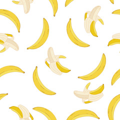 Vector banana pattern, cute seamless pattern. Tropical yellow fruit on a white background.