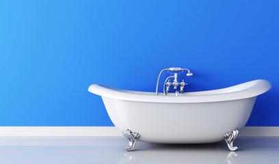 Bathtub and faucet and blue wall