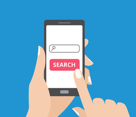 Hand holding smartphone and touching the screen with search bar and search button.