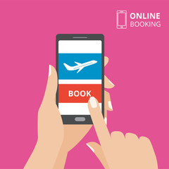 Hand holding smartphone with book button and airplane icon on screen. Design concept of online tickets, flight booking mobile application