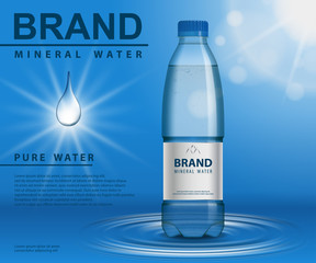 Pure mineral water ad, plastic bottle with water drop elements on blue background. Transparent container mockup, with your brand for design and advertisement. Realistic 3d illustration vector.