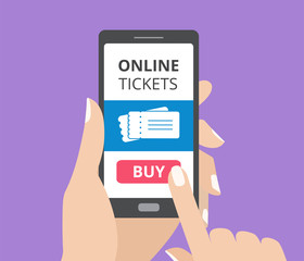 Hand holding smartphone with buy button and tickets icon on screen. Concept of online tickets mobile application.