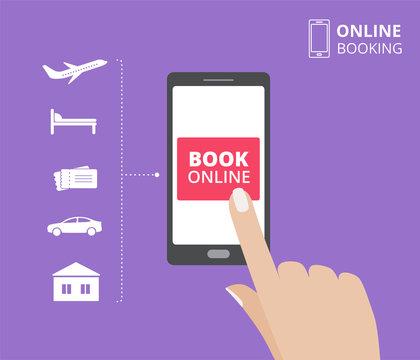 Hand holding smartphone with book button on screen. Online booking design concept. hotel, flight, car, tickets.