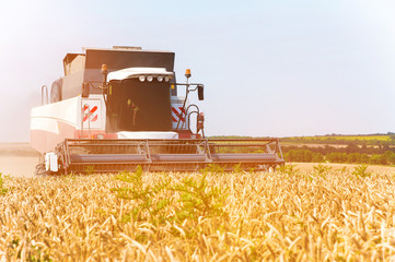 Close up The work of a combine harvester on a wheat field on a sunny day