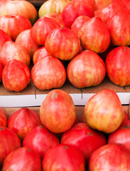 Ripe red tomatoes on a market stall close up.  Summer tray market agriculture farm full of organic tomatoes. Fresh tomatoes.