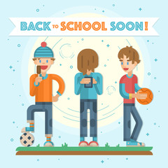 Back to school soon leaflet, banner with group of happy teenagers having fun. Playing basketball, football and phone games and enjoying time together. Teenagers activities in vector.