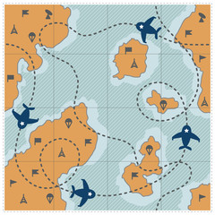 Map in frame with dotted route, airplanes and military signs. Vintage map with parachute, tower, flag, antenna, item. Vector ullistration