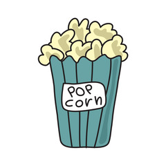 Popcorn in green bucket box. Vector illustration, isolated on white background.