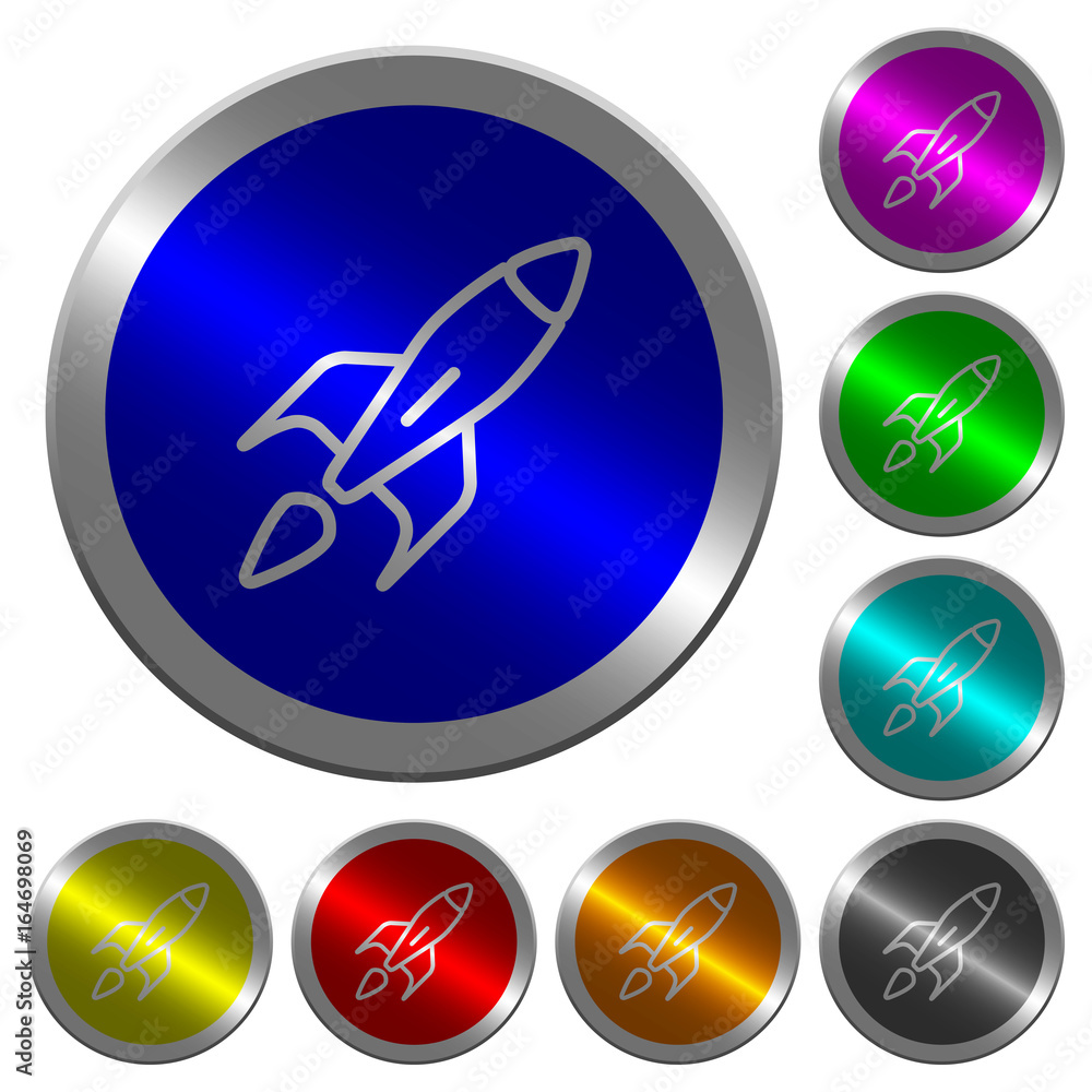 Poster launched rocket luminous coin-like round color buttons
