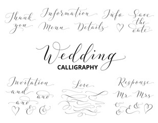 Wedding hand written calligraphy set isolated on white. Great for wedding invitations, cards, banners, photo overlays. 
