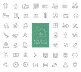 50 real estate and buildings thin line icons - obrazy, fototapety, plakaty