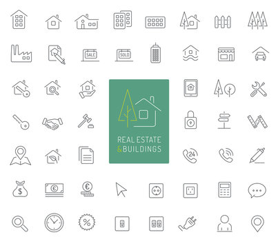 50 real estate and buildings thin line icons