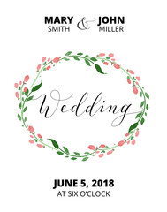 Wedding card with flower wreath, invitation template. Hand written custom calligraphy.
