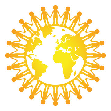 Kreisförmige Menschenkette um die Welt / Sonne / gelb, Vektor, freigestellt