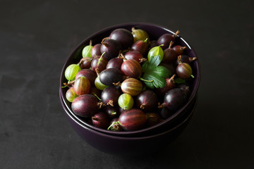 Fresh ripe gooseberries in bowl on dark wooden background