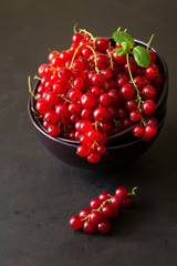 Fresh ripe red currants in bowl on dark wooden background