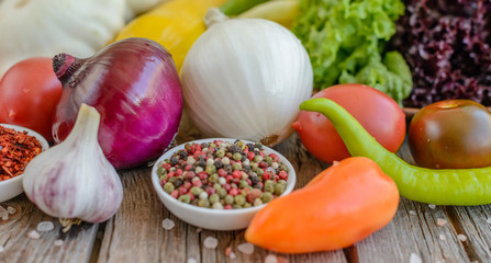 Vegetables on vintage wood background - autumn harvest. Rural still life