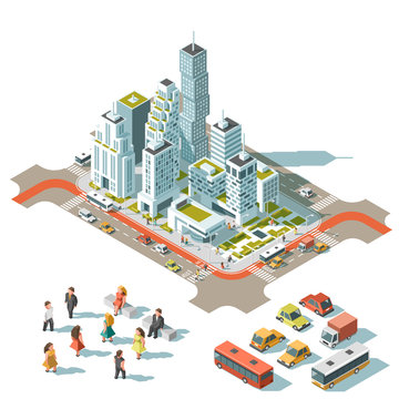 Vector Isometric info graphic city streets with different buildings, houses, shops and skyscrapers. Transport and people. Low poly style.