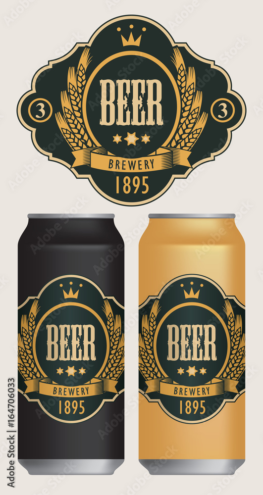 Poster vector beer label with coat of arms, wreath of wheat and ribbon in curly frame on black background i