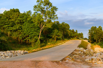 Fototapeta na wymiar Tropical landscape with empty road and green roadside