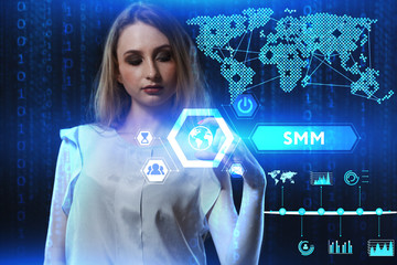 The concept of business, technology, the Internet and the network. A young entrepreneur working on a virtual screen of the future and sees the inscription: SMM