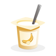 Banana yogurt with spoon inside on white background. Isolated vector illustration