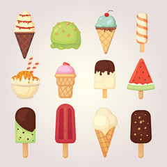 Collection of 12 vector cartoon ice cream illustrations. Summer food.