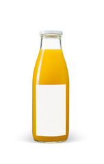 Orange juices bottle with blank label on white background