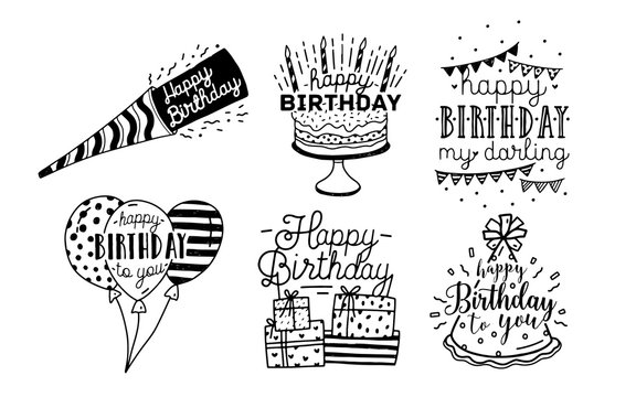 Cute happy birthday greetings inscriptions design collection. Black and white hand drawn lettering vector illustration set on white background.