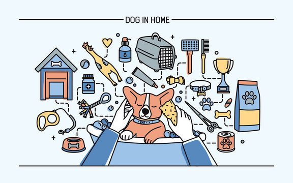 Dog In Home Horizontal Banner With Pet Toys, Meds And Puppy Meals. Horizontal Colorful Line Art Vector Illustration.