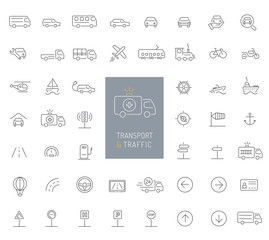 50 transportation, traffic and vehicles thin line icons - obrazy, fototapety, plakaty