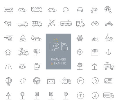 50 transportation, traffic and vehicles thin line icons