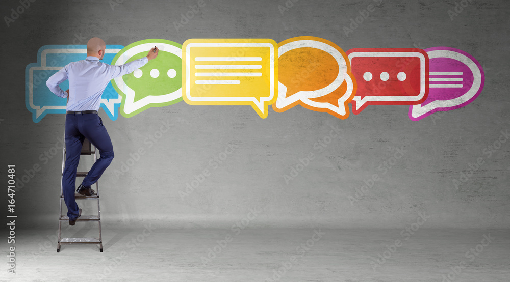Wall mural businessman using social network interface on a wall 3d rendering