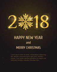 Vector 2018 Happy New Year holiday banner with sparkling glitter golden textured snowflake. Seasonal holidays background. New Year greeting card