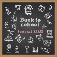 Back to school. Hand drawn school symbol on chalkboard. With text Seasonal sale