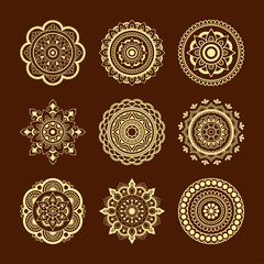 Set circular pattern in the form of mandala. Henna tatoo mandala. Mehndi style. Decorative pattern in oriental style. Coloring book page.