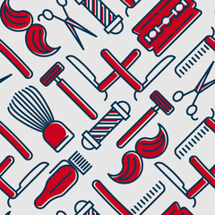 Barber shop seamless pattern with thin line icons of shaving accessories. Vector illustration for background in red and blue colors.