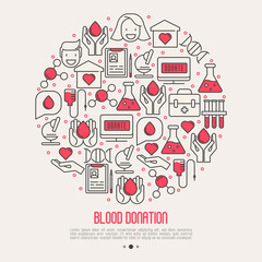 Obraz na płótnie Canvas Blood donation concept in circle for web page, banner, print media with thin line icons. World blood donor day. Vector illustration.