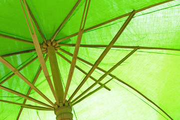 Green bamboo umbrella under shade of coconut tree